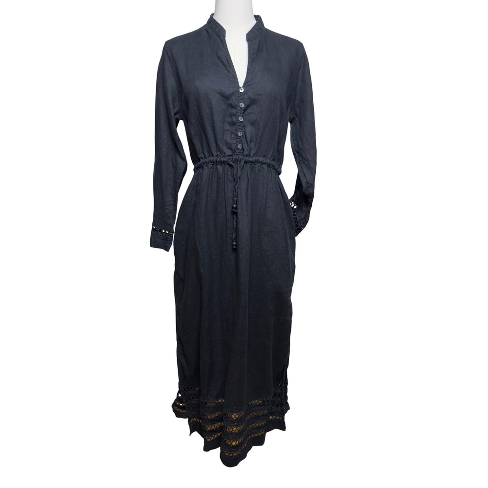 Tahari Black 100% Linen Maxi Dress Eyelet Hem Drawstring Waist Small‎
